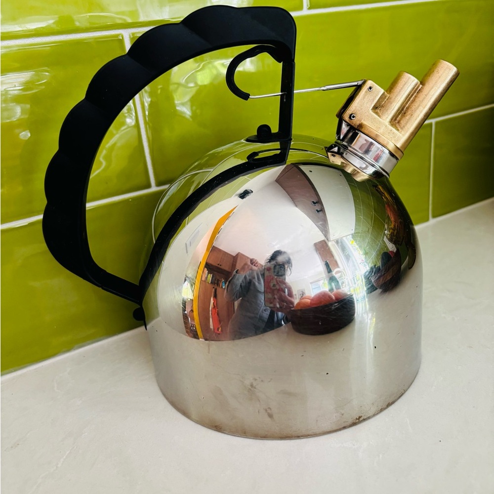 Alessi 9091 stainless steel kettle with brass double barrel spout +copper bottom - Picture 7 of 10